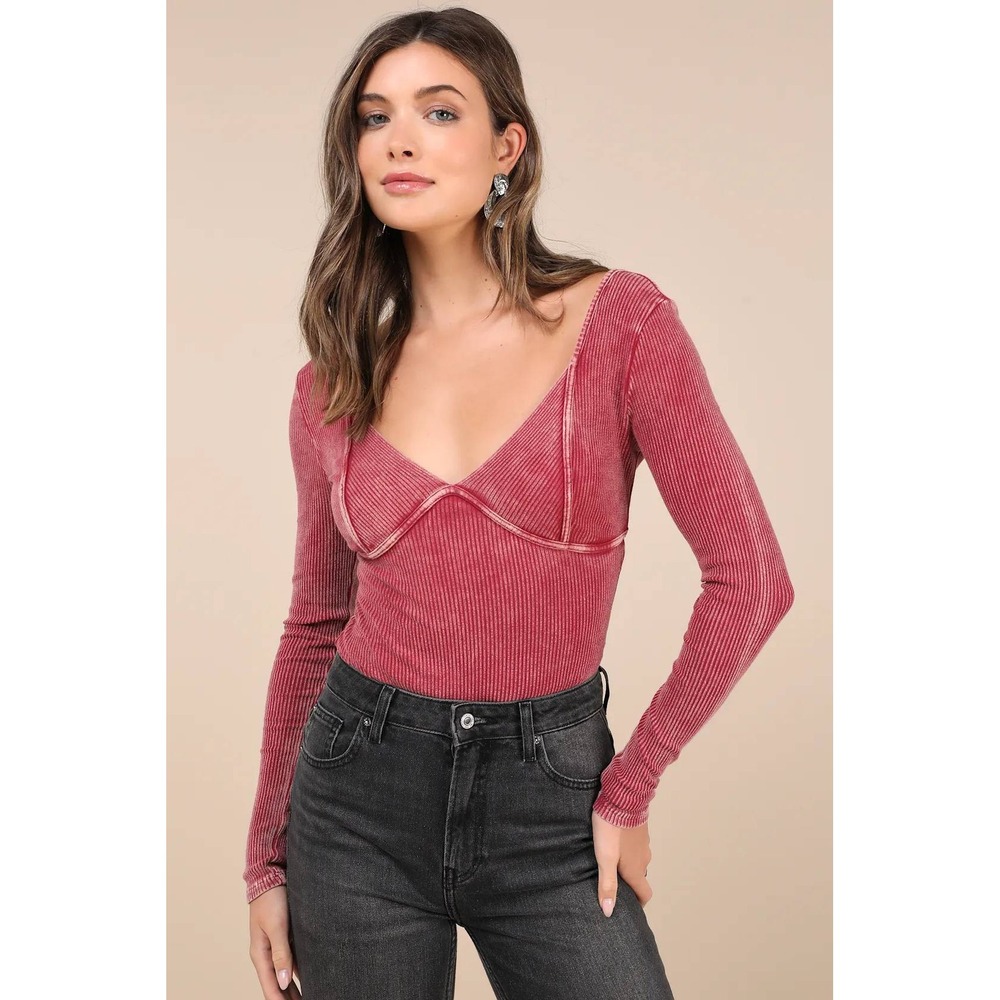 Lulus Ribbed Acid Wash Bustier Bodysuit Small Boho Grunge 90s Indie Red